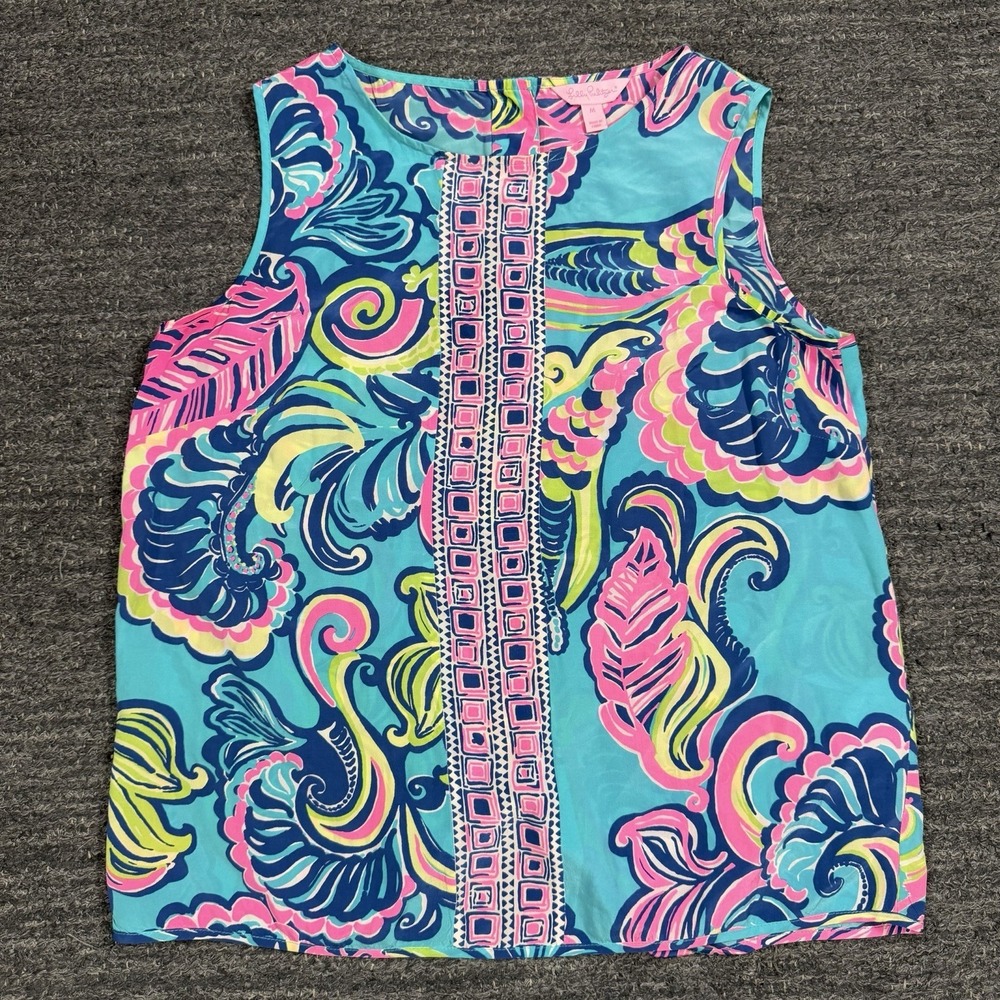 Lilly Pulitzer Iona Silk Top Women Medium Sleeveless Sea Blue Private Island